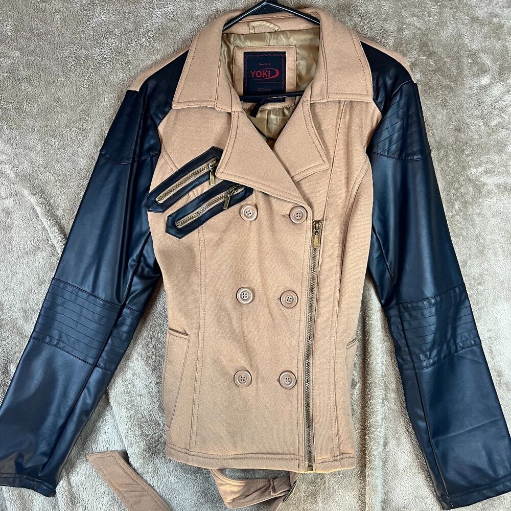 Yoki New York Jacket Double Breasted Leather Sleeves Belted Tan Black Womens L